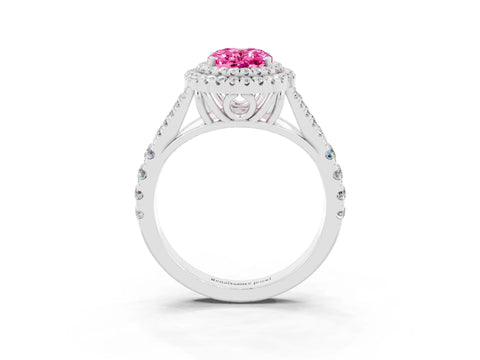 White gold Oval Cut Pink Sapphire Double Halo Ring with Split Shank and Prong Setting_39