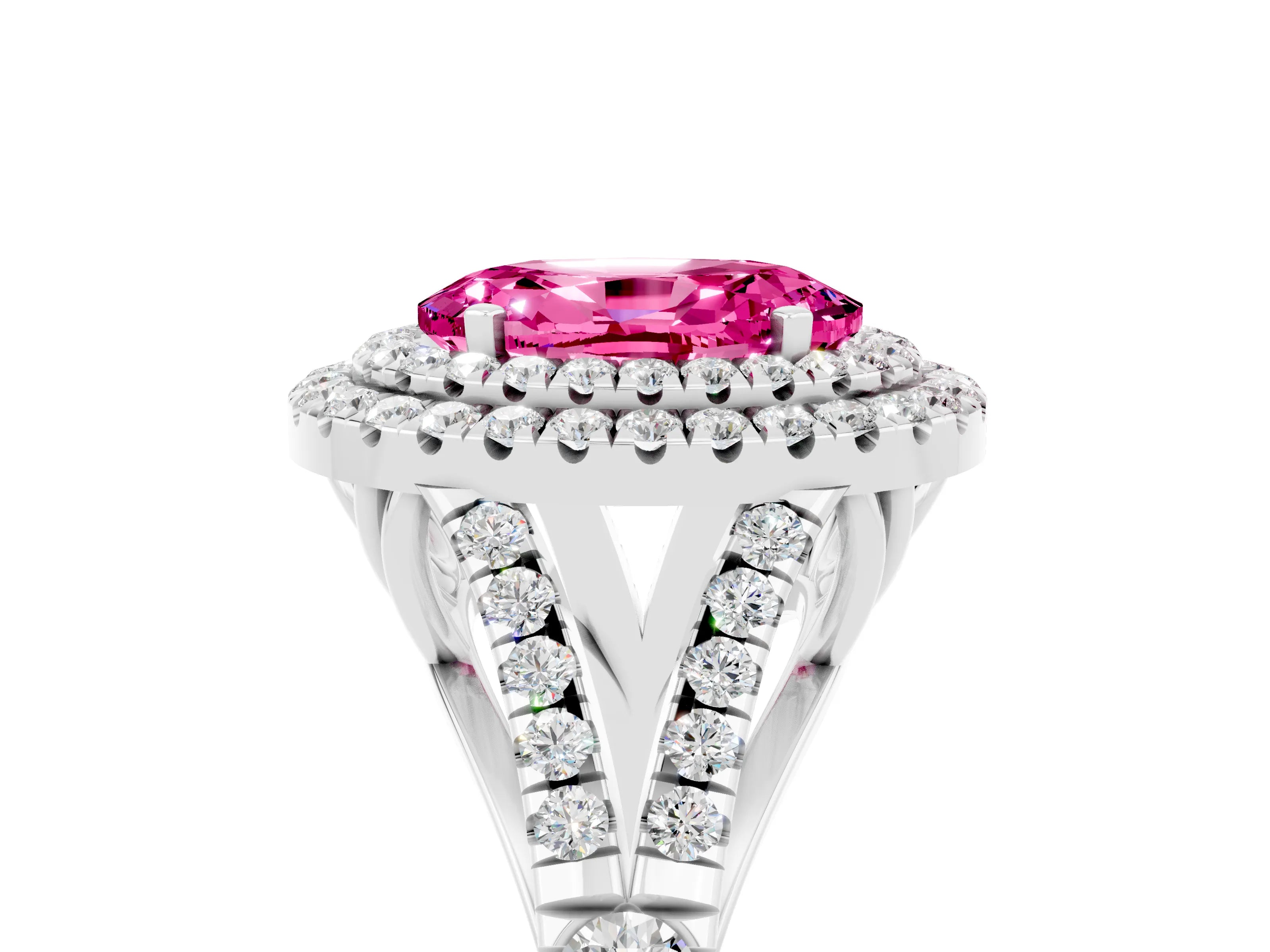 White gold Oval Cut Pink Sapphire Double Halo Ring with Split Shank and Prong Setting_41