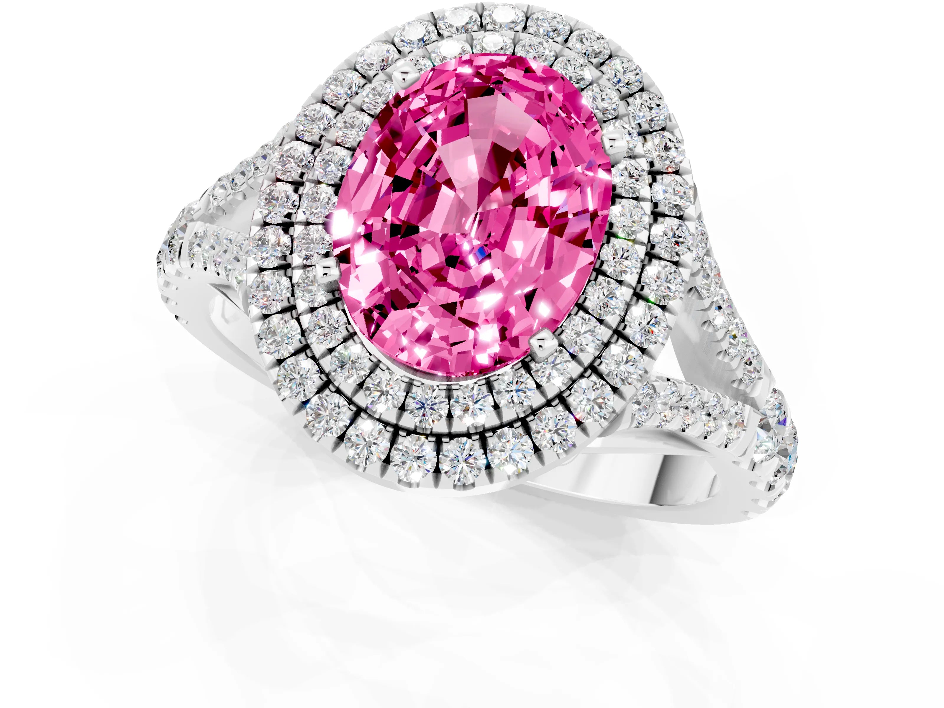 White gold Oval Cut Pink Sapphire Double Halo Ring with Split Shank and Prong Setting_49