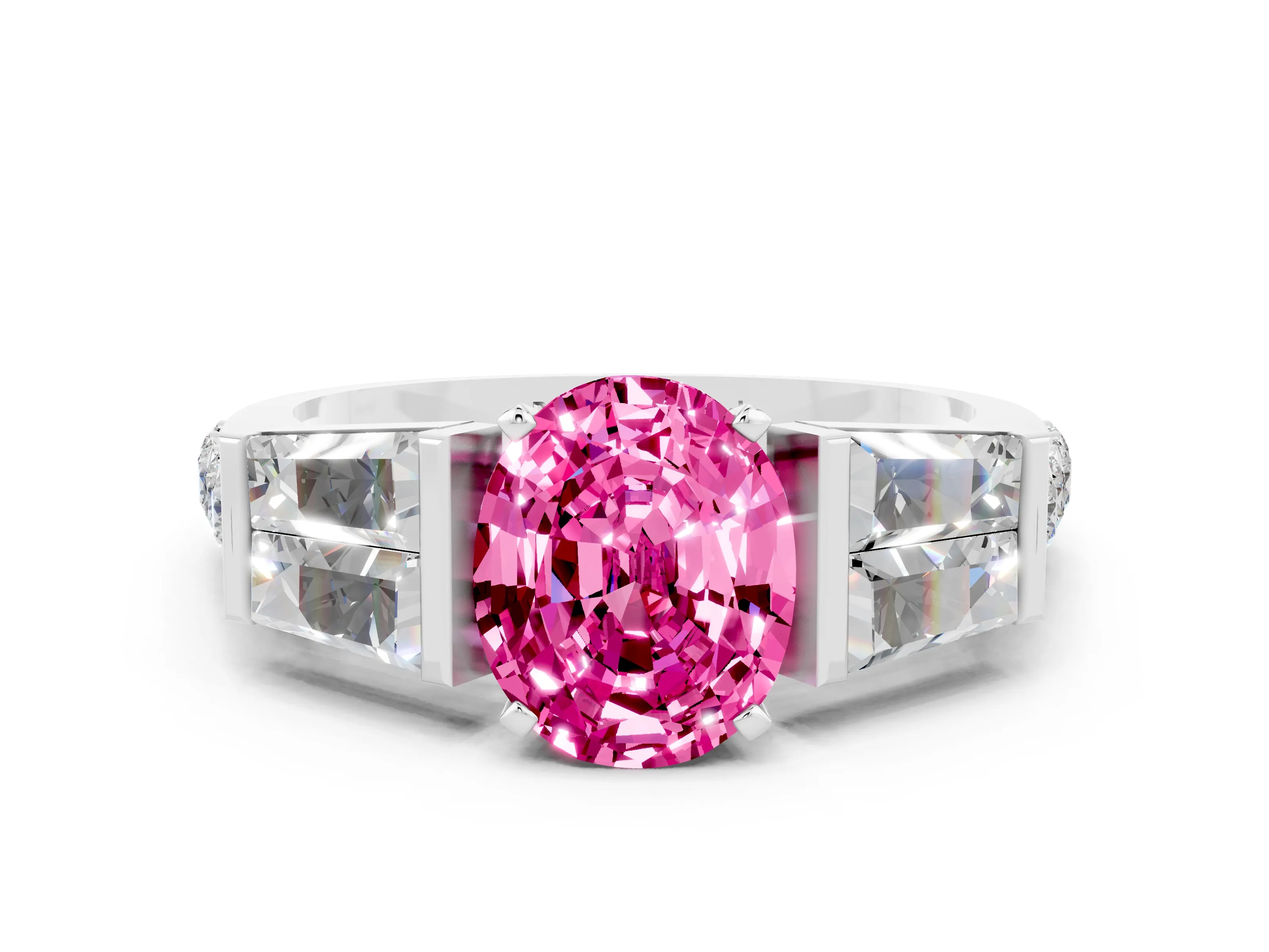 White gold Oval Cut Pink Sapphire Engagement Ring with Baguette Side Stones and Channel Set Band