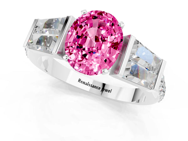 Silver Oval Cut Pink Sapphire Engagement Ring with Baguette Side Stones and Channel Set Band