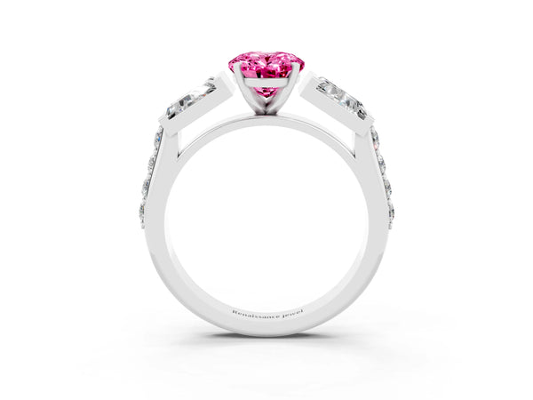Silver Oval Cut Pink Sapphire Engagement Ring with Baguette Side Stones and Channel Set Band