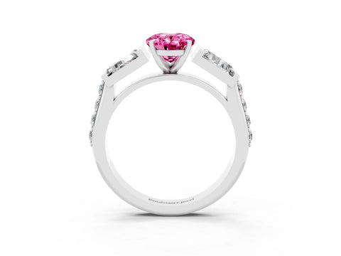 White gold Oval Cut Pink Sapphire Engagement Ring with Baguette Side Stones and Channel Set Band_3