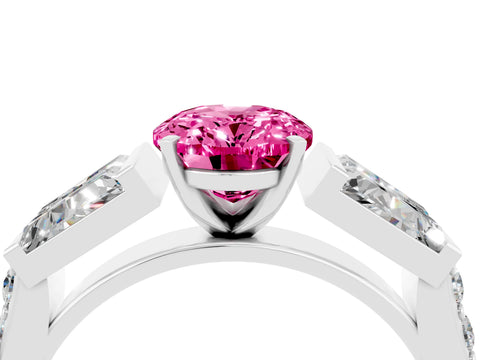 White gold Oval Cut Pink Sapphire Engagement Ring with Baguette Side Stones and Channel Set Band_4