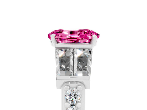 White gold Oval Cut Pink Sapphire Engagement Ring with Baguette Side Stones and Channel Set Band_5