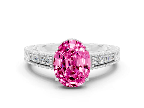 White gold Oval Cut Pink Sapphire Engagement Ring with Milgrain Channel Set Band and Prong Setting_24