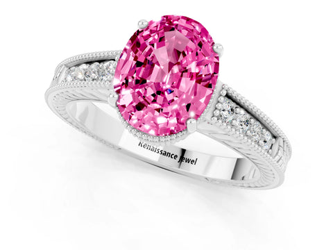 White gold Oval Cut Pink Sapphire Engagement Ring with Milgrain Channel Set Band and Prong Setting_25