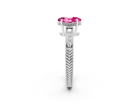 White gold Oval Cut Pink Sapphire Engagement Ring with Milgrain Channel Set Band and Prong Setting_26