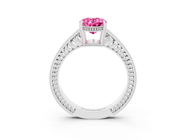 Platinum Oval Cut Pink Sapphire Engagement Ring with Milgrain Channel Set Band and Prong Setting