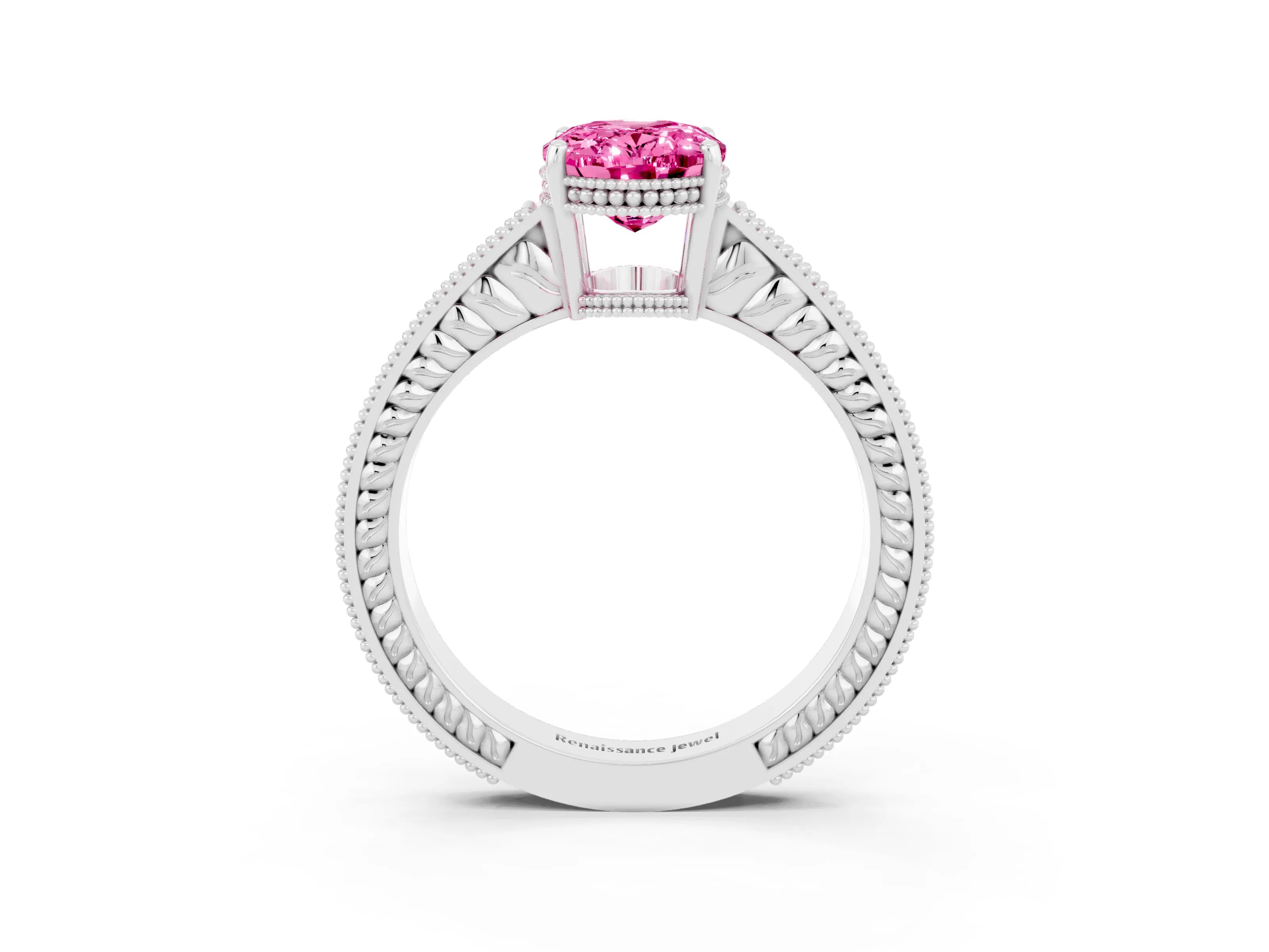 White gold Oval Cut Pink Sapphire Engagement Ring with Milgrain Channel Set Band and Prong Setting_27