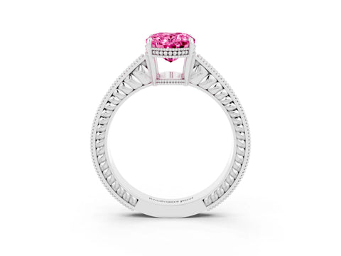 White gold Oval Cut Pink Sapphire Engagement Ring with Milgrain Channel Set Band and Prong Setting_27