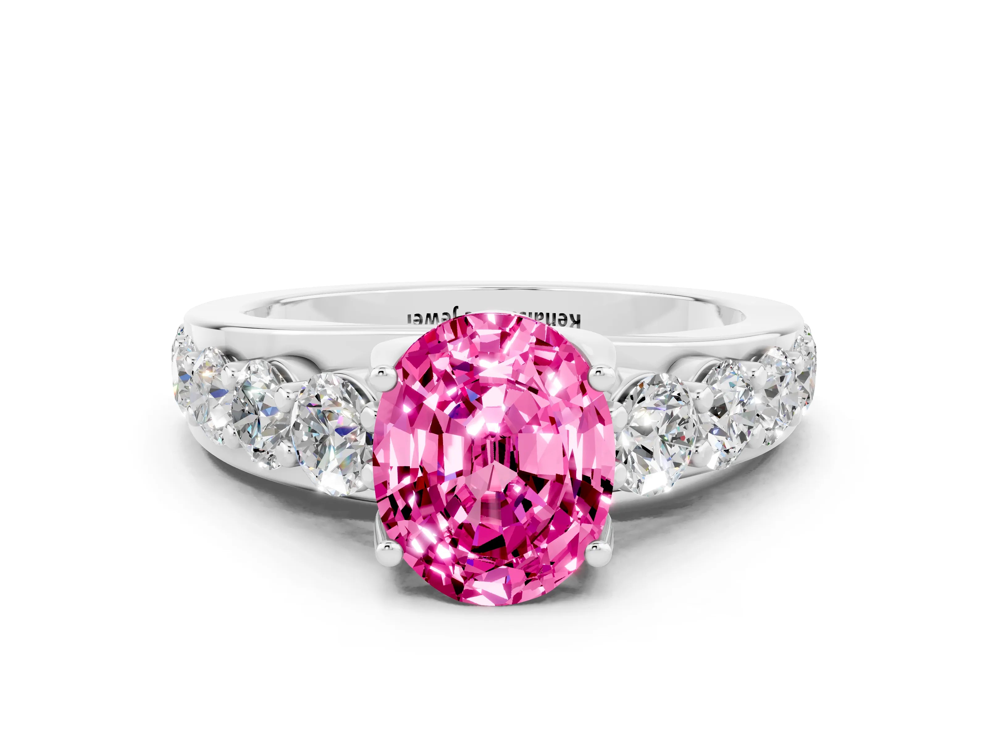 White gold Oval Cut Pink Sapphire Engagement Ring with Pavé Band and Four-Prong Setting