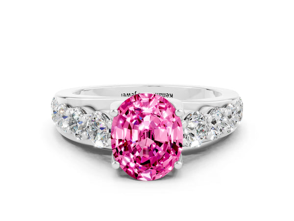 Silver Oval Cut Pink Sapphire Engagement Ring with Pavé Band and Four-Prong Setting