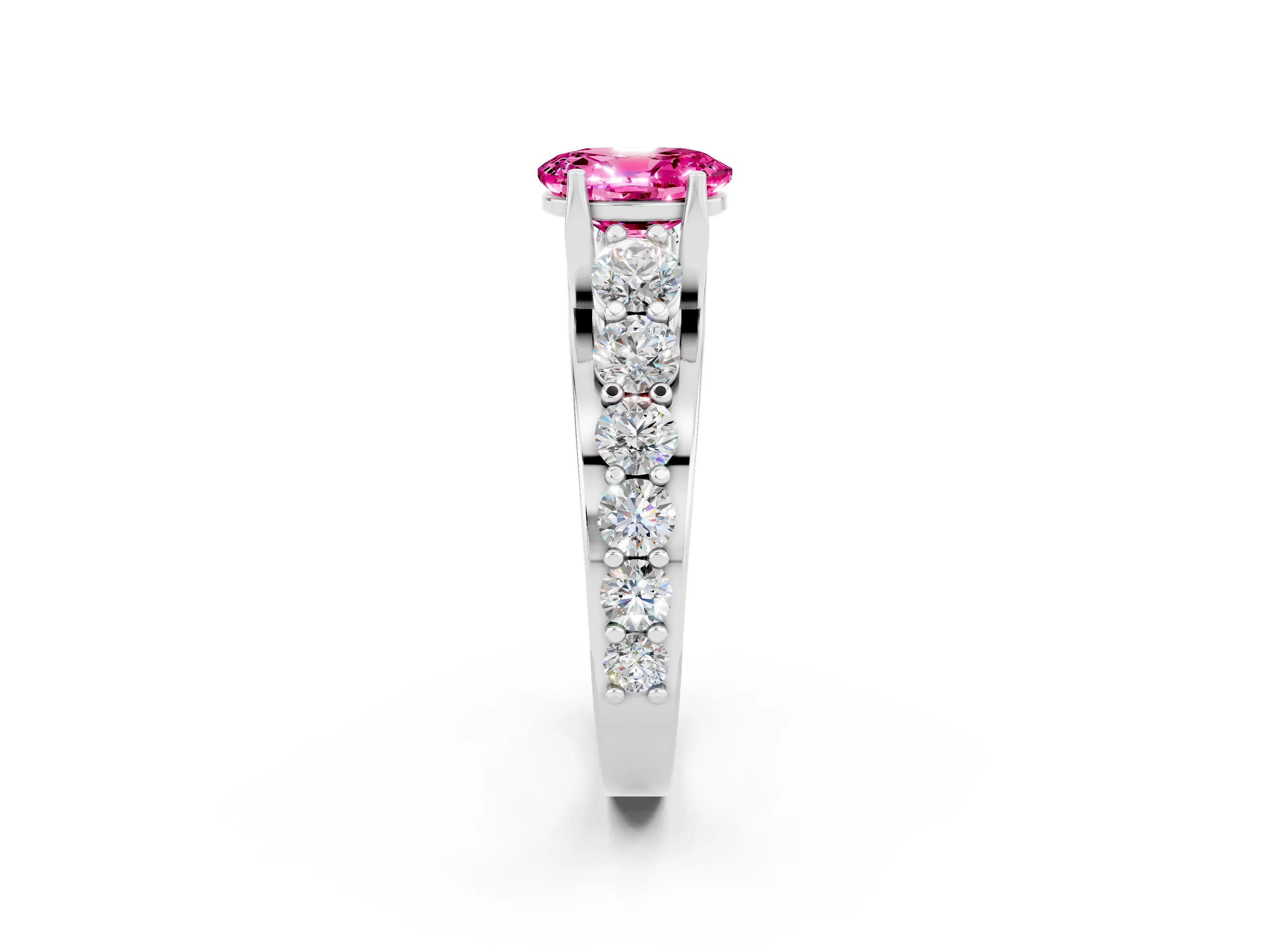 White gold Oval Cut Pink Sapphire Engagement Ring with Pavé Band and Four-Prong Setting_2
