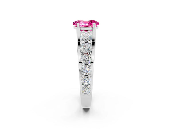 Silver Oval Cut Pink Sapphire Engagement Ring with Pavé Band and Four-Prong Setting