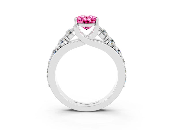 White gold Oval Cut Pink Sapphire Engagement Ring with Pavé Band and Four-Prong Setting
