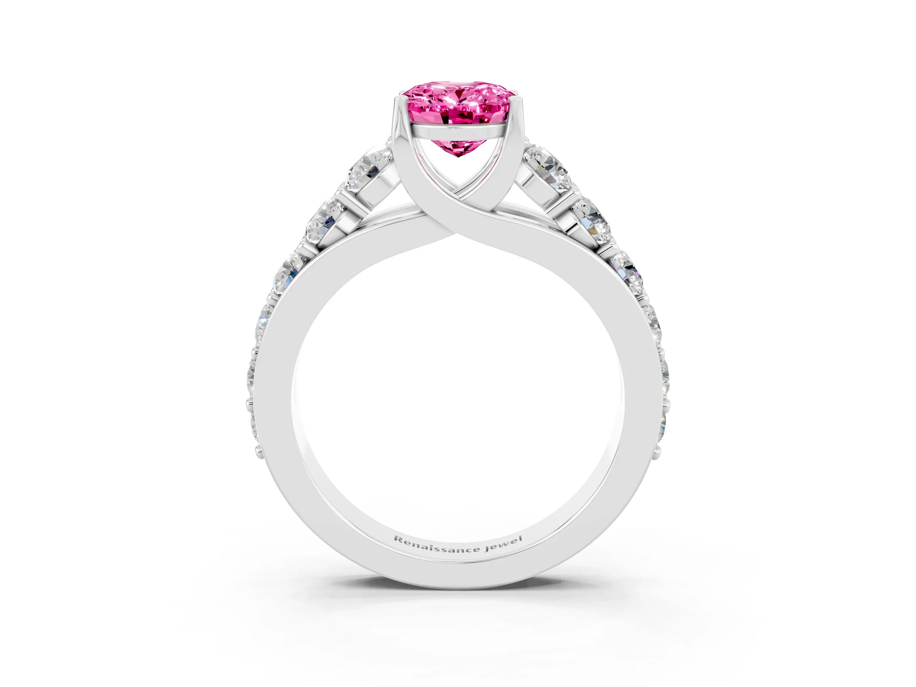 White gold Oval Cut Pink Sapphire Engagement Ring with Pavé Band and Four-Prong Setting_3