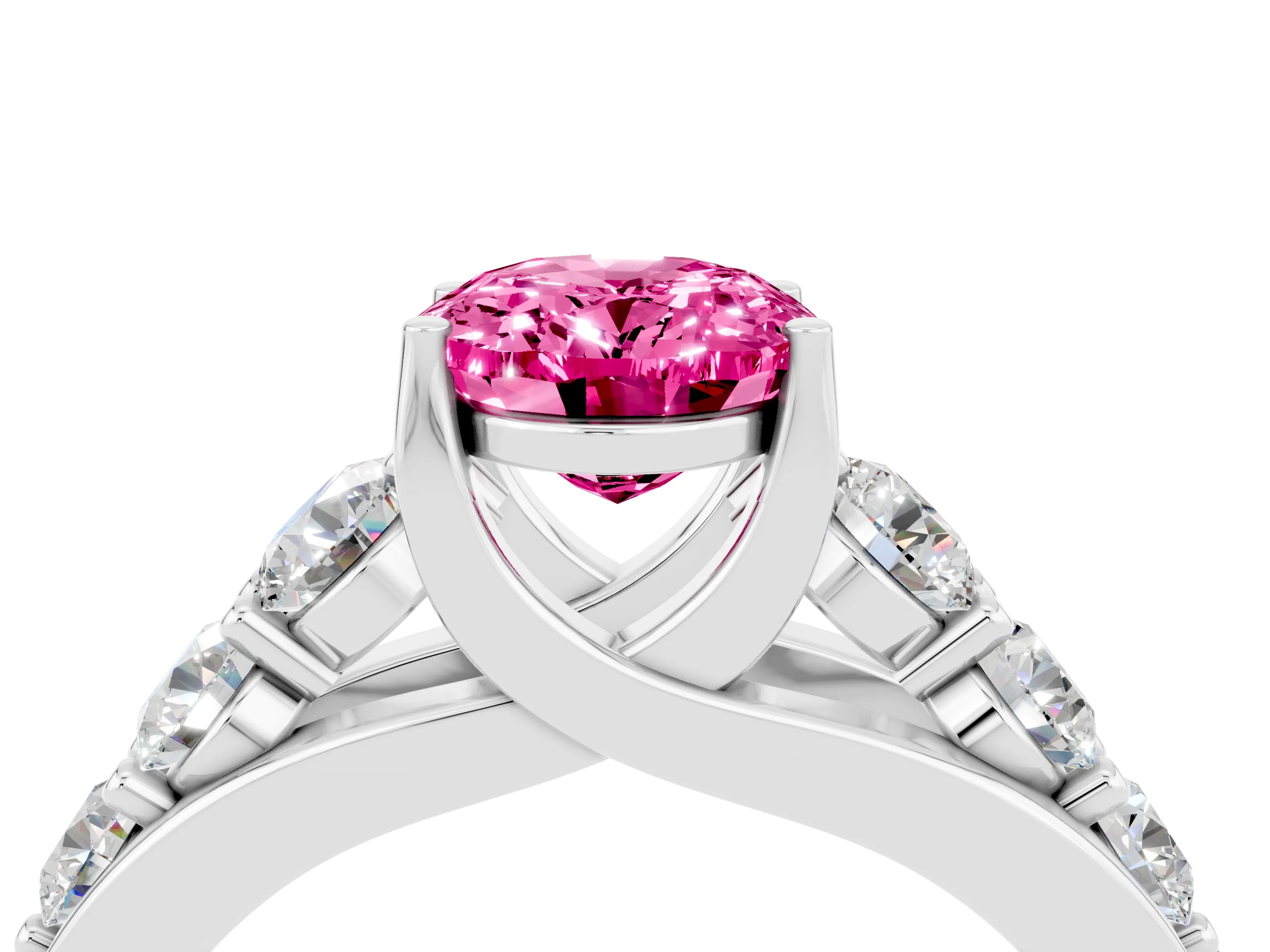 White gold Oval Cut Pink Sapphire Engagement Ring with Pavé Band and Four-Prong Setting_4