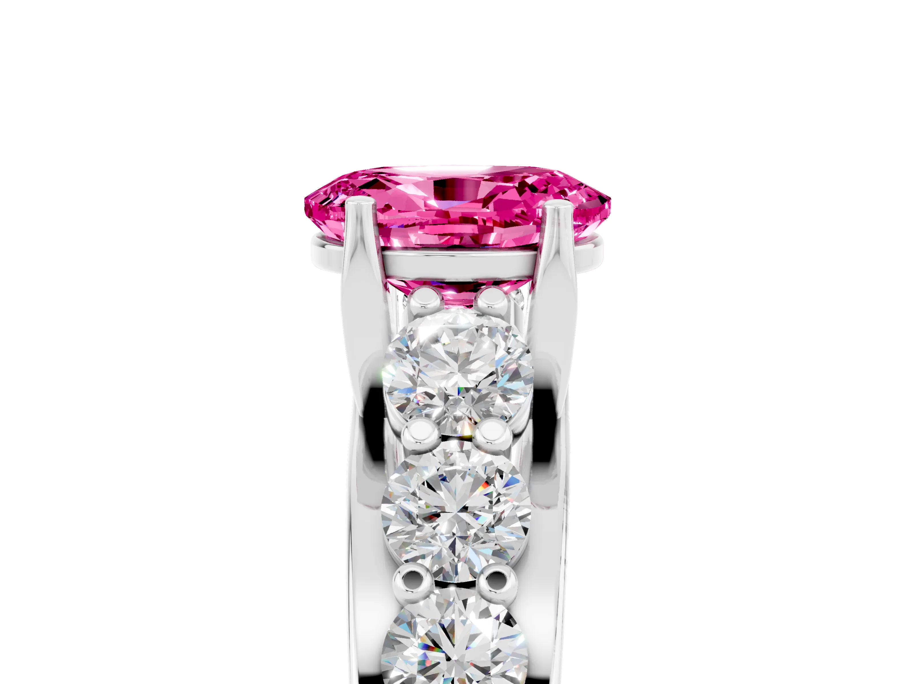 White gold Oval Cut Pink Sapphire Engagement Ring with Pavé Band and Four-Prong Setting_5