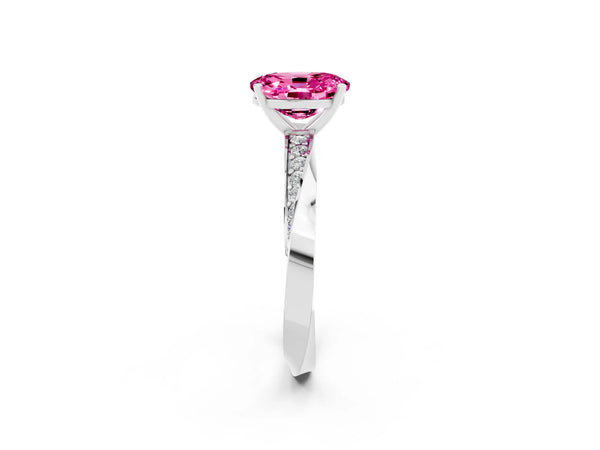 Platinum Oval Cut Pink Sapphire Engagement Ring with Side Stone Accents and Four-Prong Setting