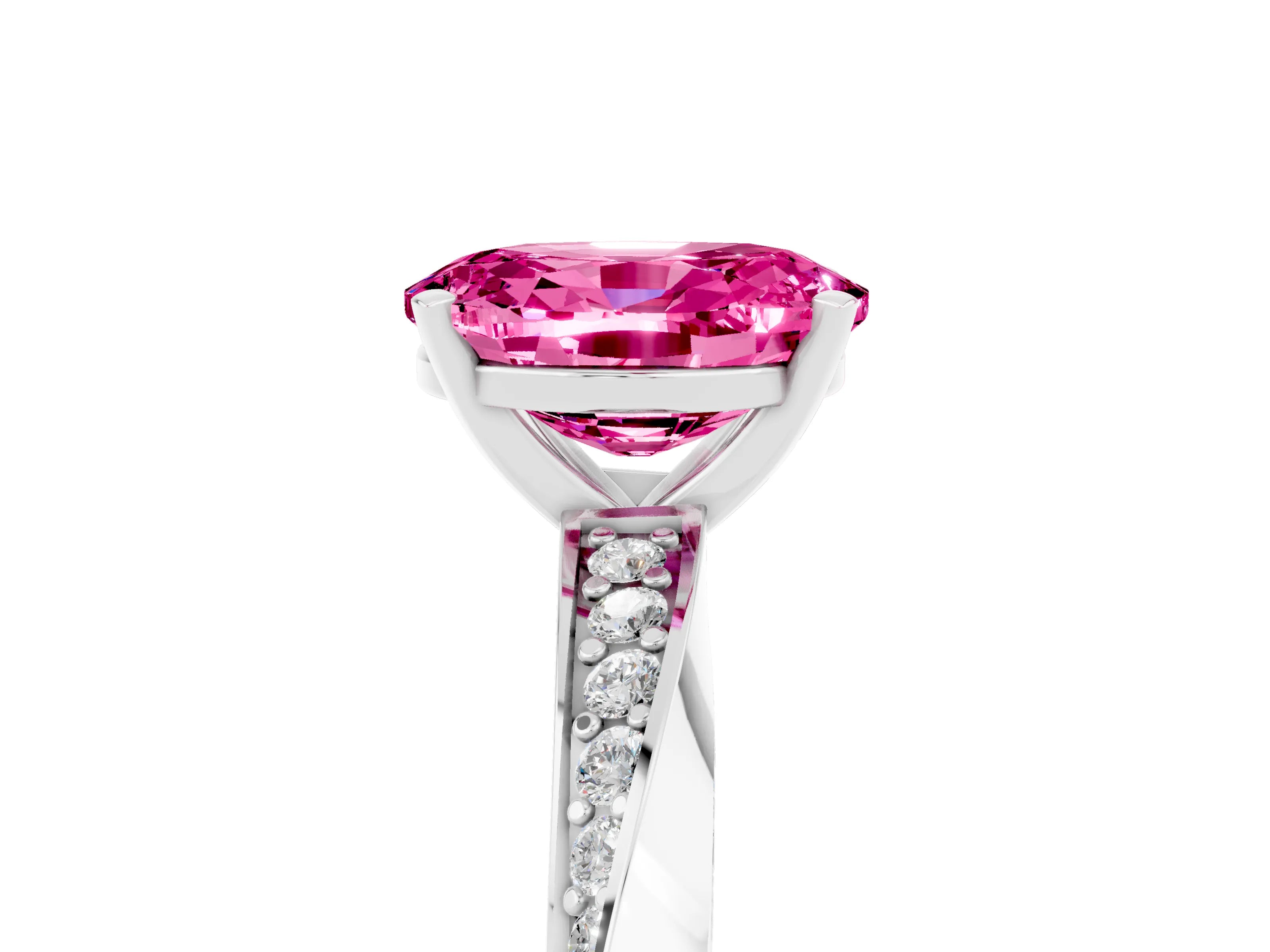 White gold Oval Cut Pink Sapphire Engagement Ring with Side Stone Accents and Four-Prong Setting_56