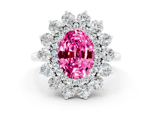 White Gold Oval Lab-Grown Pink Sapphire Floral Double Halo Engagement Ring with Plain Band