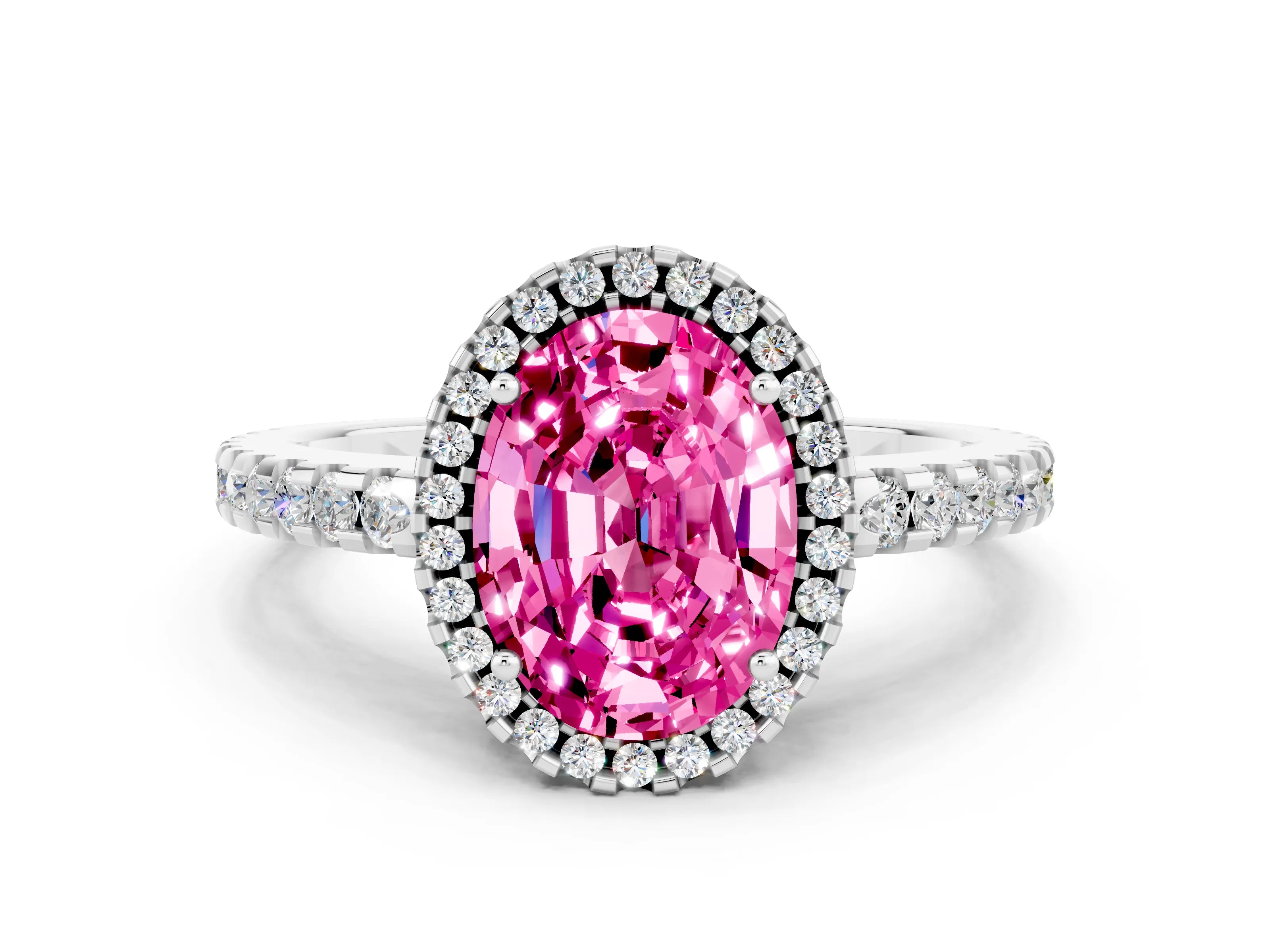 White gold Oval Cut Pink Sapphire Halo Engagement Ring with Pavé Band and Prong Setting_12