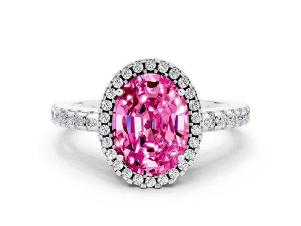 White gold Oval Cut Pink Sapphire Halo Engagement Ring with Pavé Band and Prong Setting