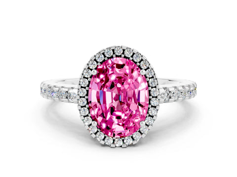 White gold Oval Cut Pink Sapphire Halo Engagement Ring with Pavé Band and Prong Setting_12