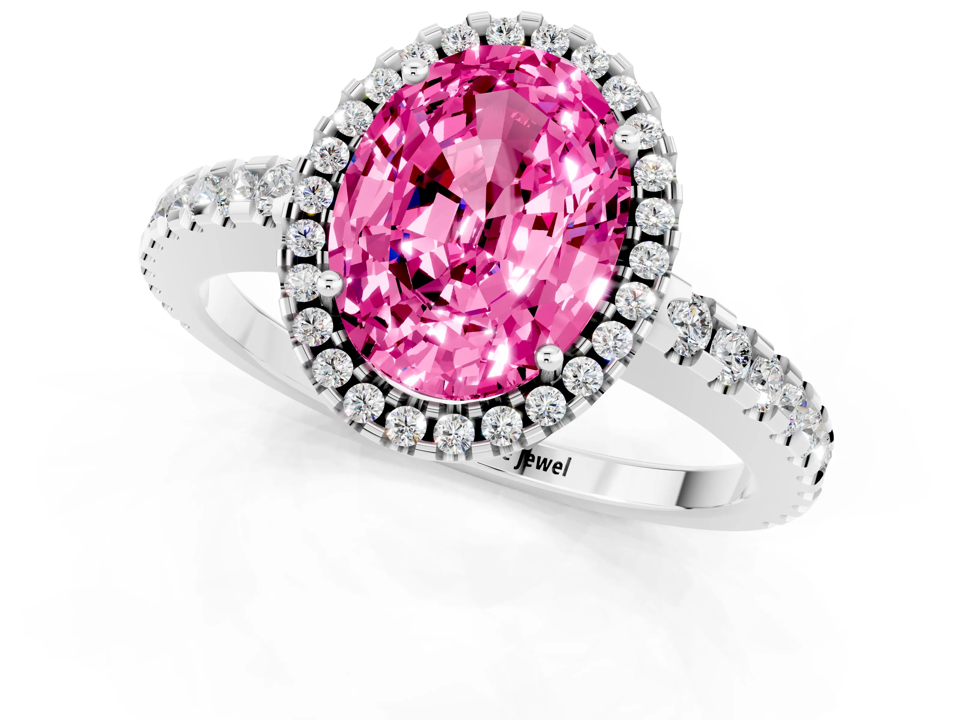 White gold Oval Cut Pink Sapphire Halo Engagement Ring with Pavé Band and Prong Setting_13