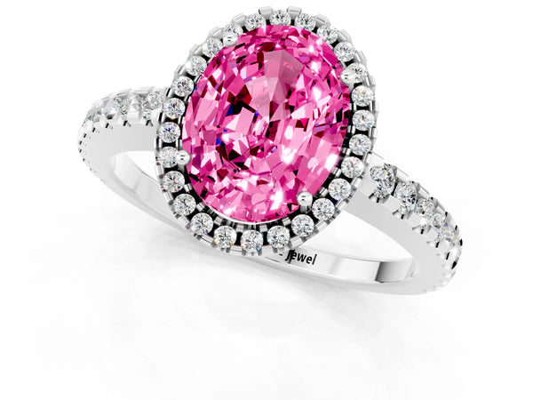 Platinum Oval Cut Pink Sapphire Halo Engagement Ring with Pavé Band and Prong Setting