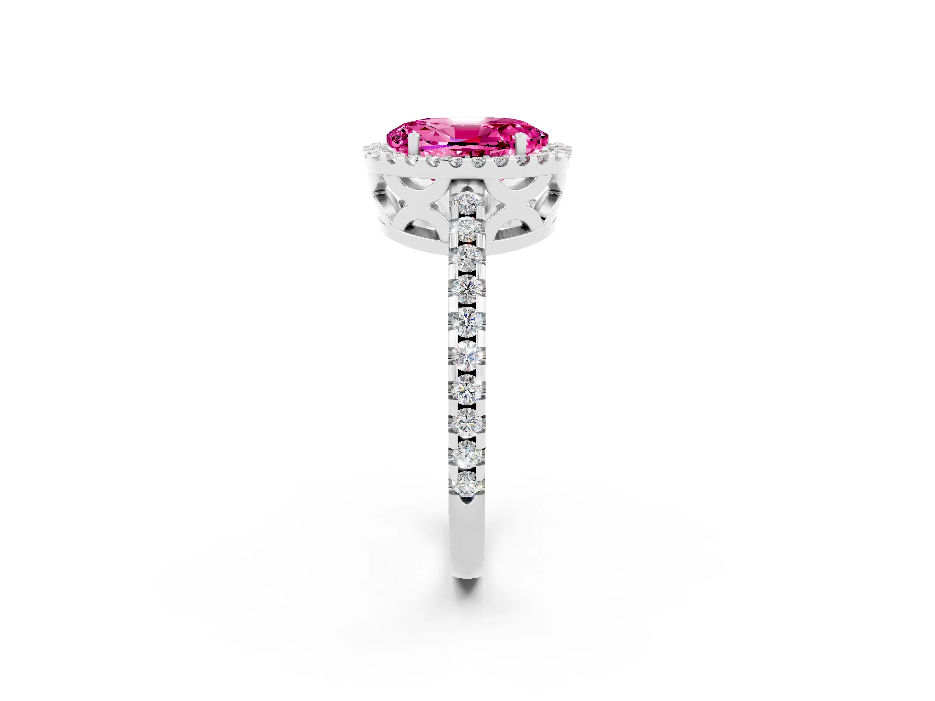 White gold Oval Cut Pink Sapphire Halo Engagement Ring with Pavé Band and Prong Setting_14