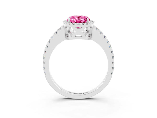 White gold Oval Cut Pink Sapphire Halo Engagement Ring with Pavé Band and Prong Setting