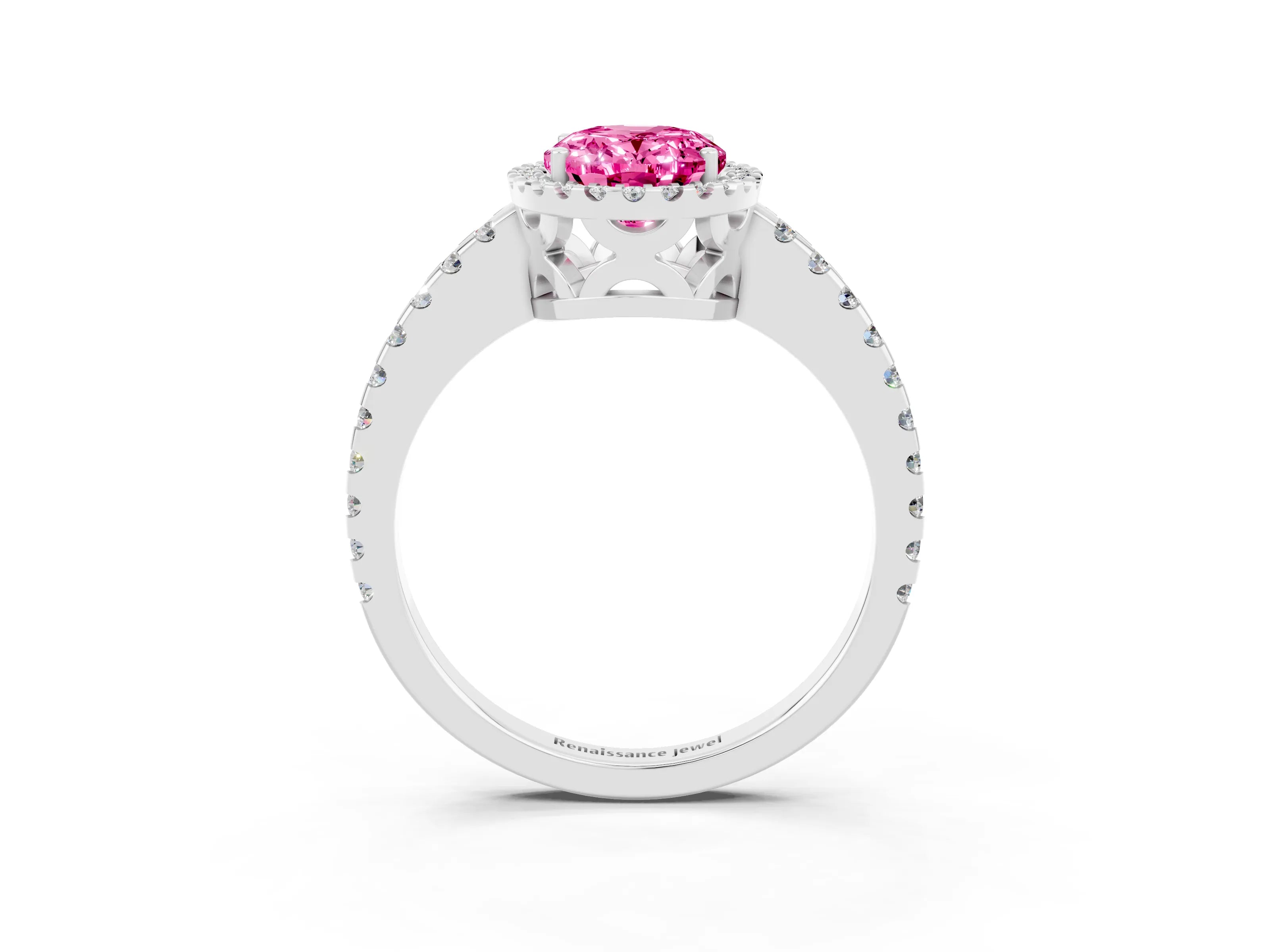 White gold Oval Cut Pink Sapphire Halo Engagement Ring with Pavé Band and Prong Setting_15