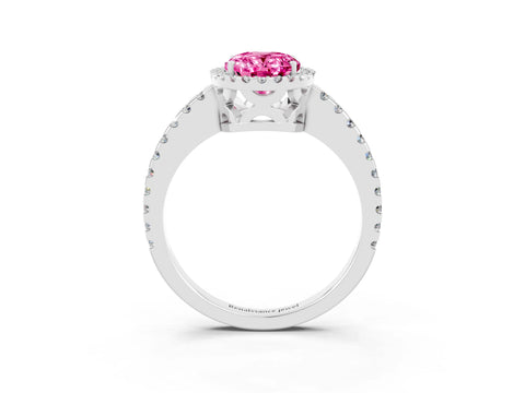 White gold Oval Cut Pink Sapphire Halo Engagement Ring with Pavé Band and Prong Setting_15