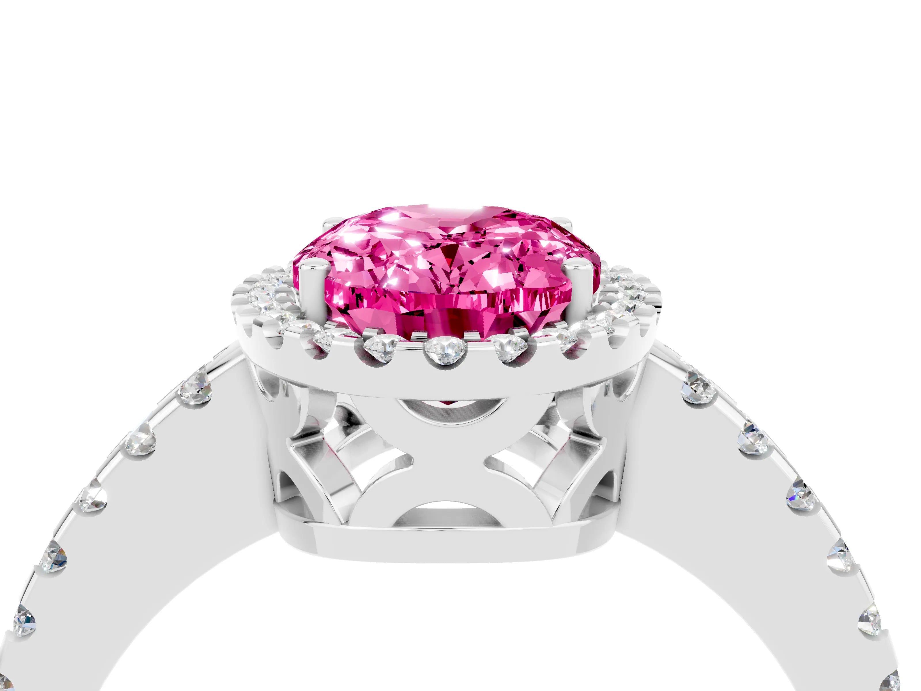 White gold Oval Cut Pink Sapphire Halo Engagement Ring with Pavé Band and Prong Setting_16