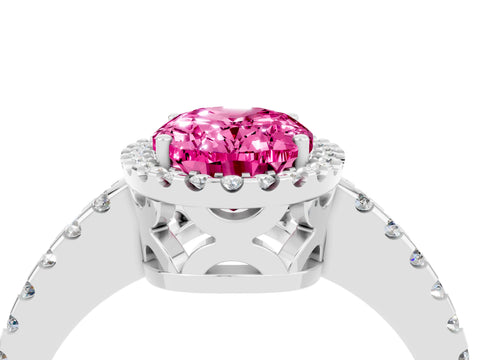 White gold Oval Cut Pink Sapphire Halo Engagement Ring with Pavé Band and Prong Setting_16