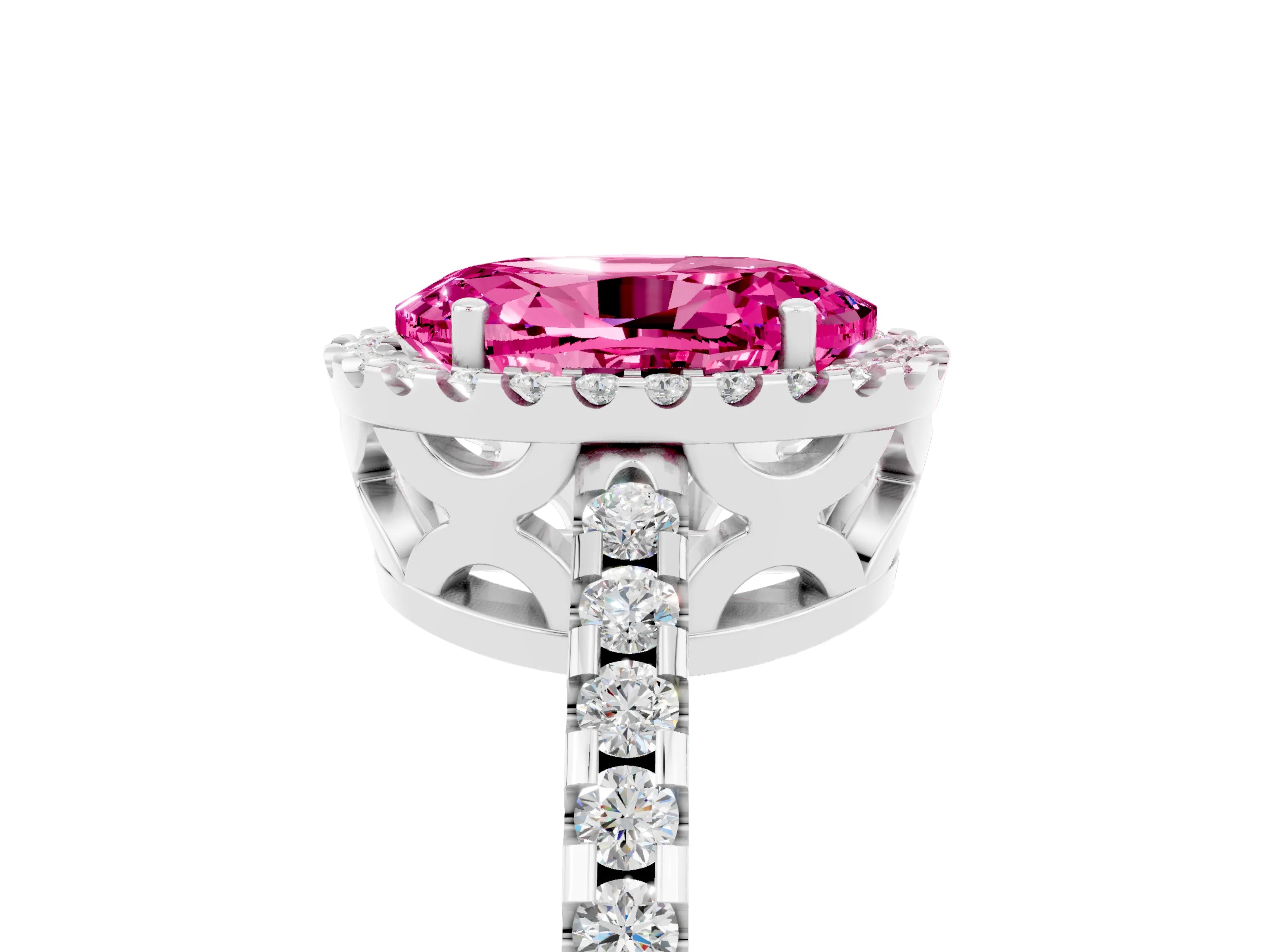 White gold Oval Cut Pink Sapphire Halo Engagement Ring with Pavé Band and Prong Setting_17