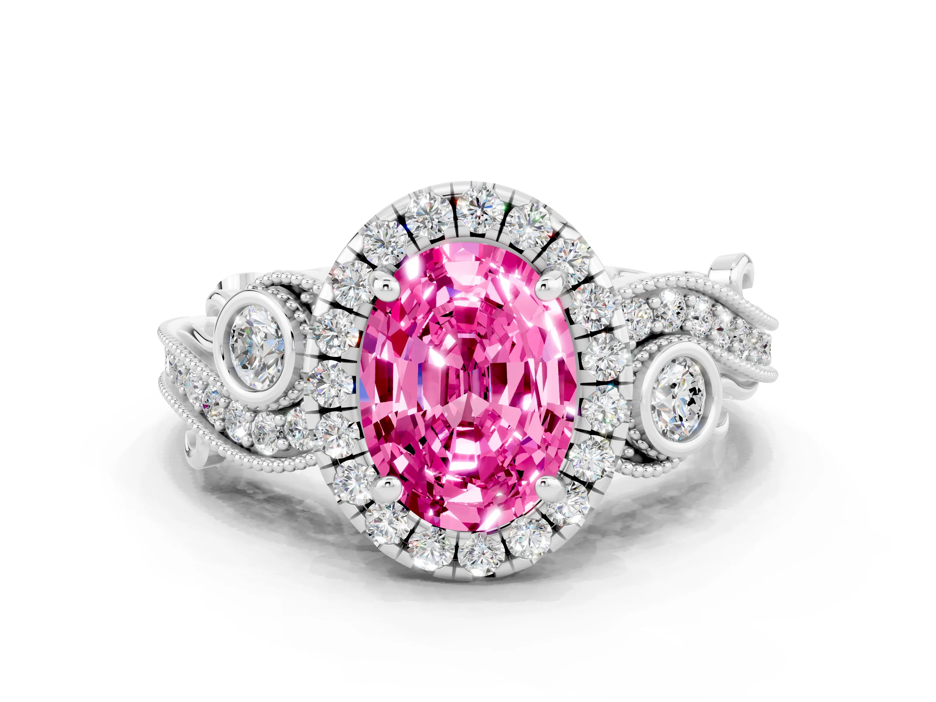 White gold Oval Cut Pink Sapphire Halo Ring with Milgrain Pavé Band and Four-Prong Setting_12