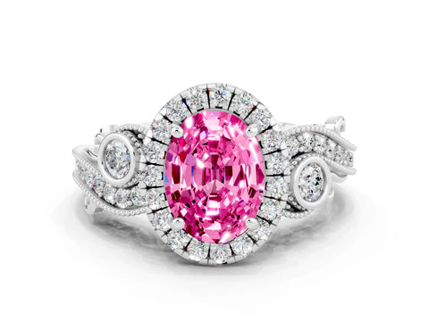 White gold Oval Cut Pink Sapphire Halo Ring with Milgrain Pavé Band and Four-Prong Setting_12