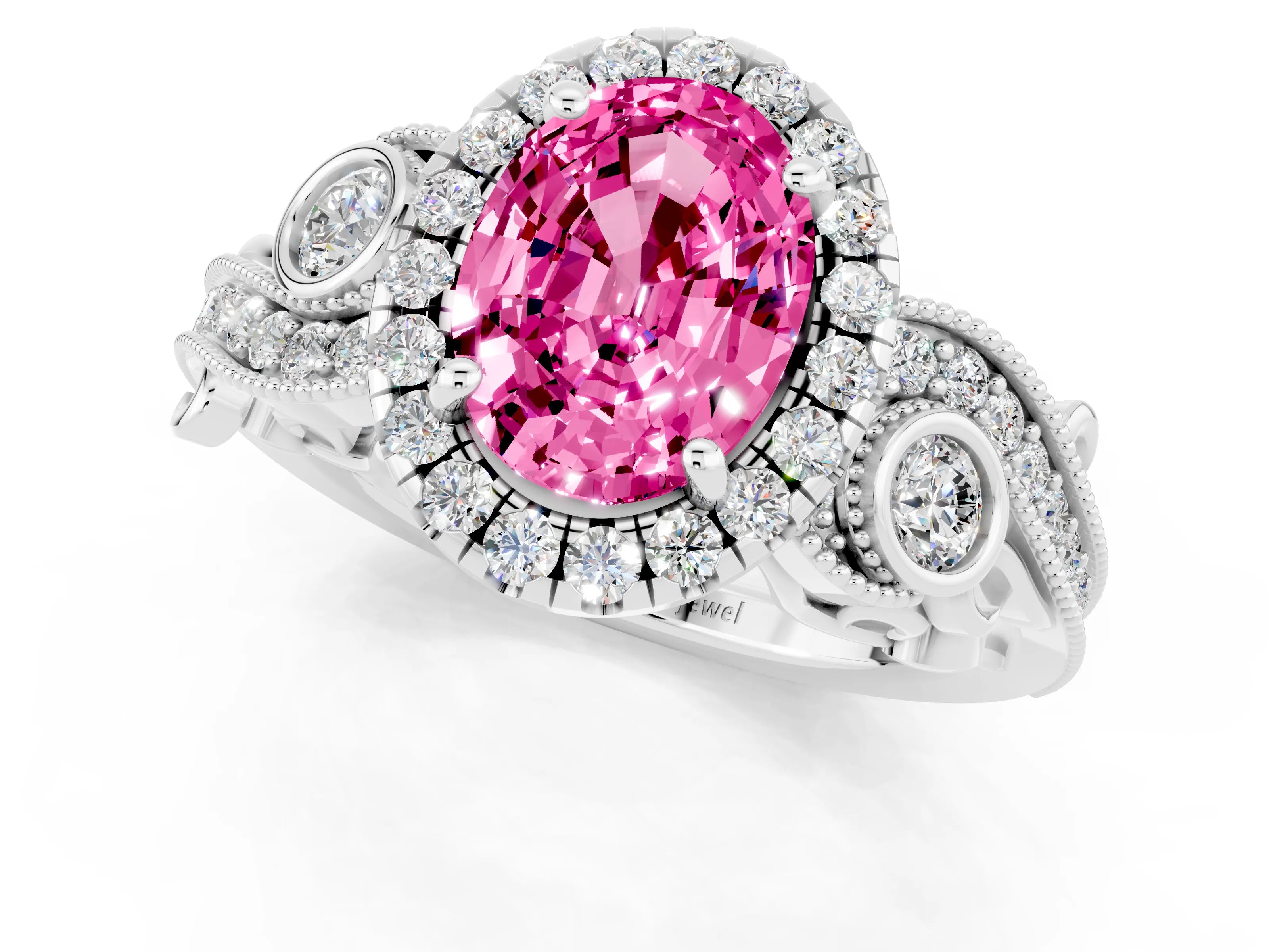 White gold Oval Cut Pink Sapphire Halo Ring with Milgrain Pavé Band and Four-Prong Setting_13