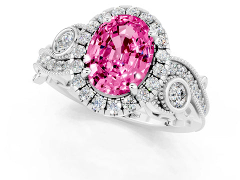 White gold Oval Cut Pink Sapphire Halo Ring with Milgrain Pavé Band and Four-Prong Setting_13