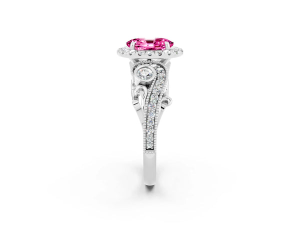 Platinum Oval Cut Pink Sapphire Halo Ring with Milgrain Pavé Band and Four-Prong Setting