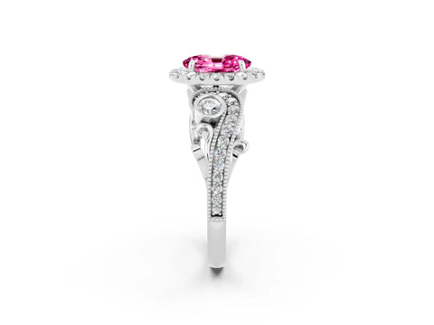 White gold Oval Cut Pink Sapphire Halo Ring with Milgrain Pavé Band and Four-Prong Setting_14