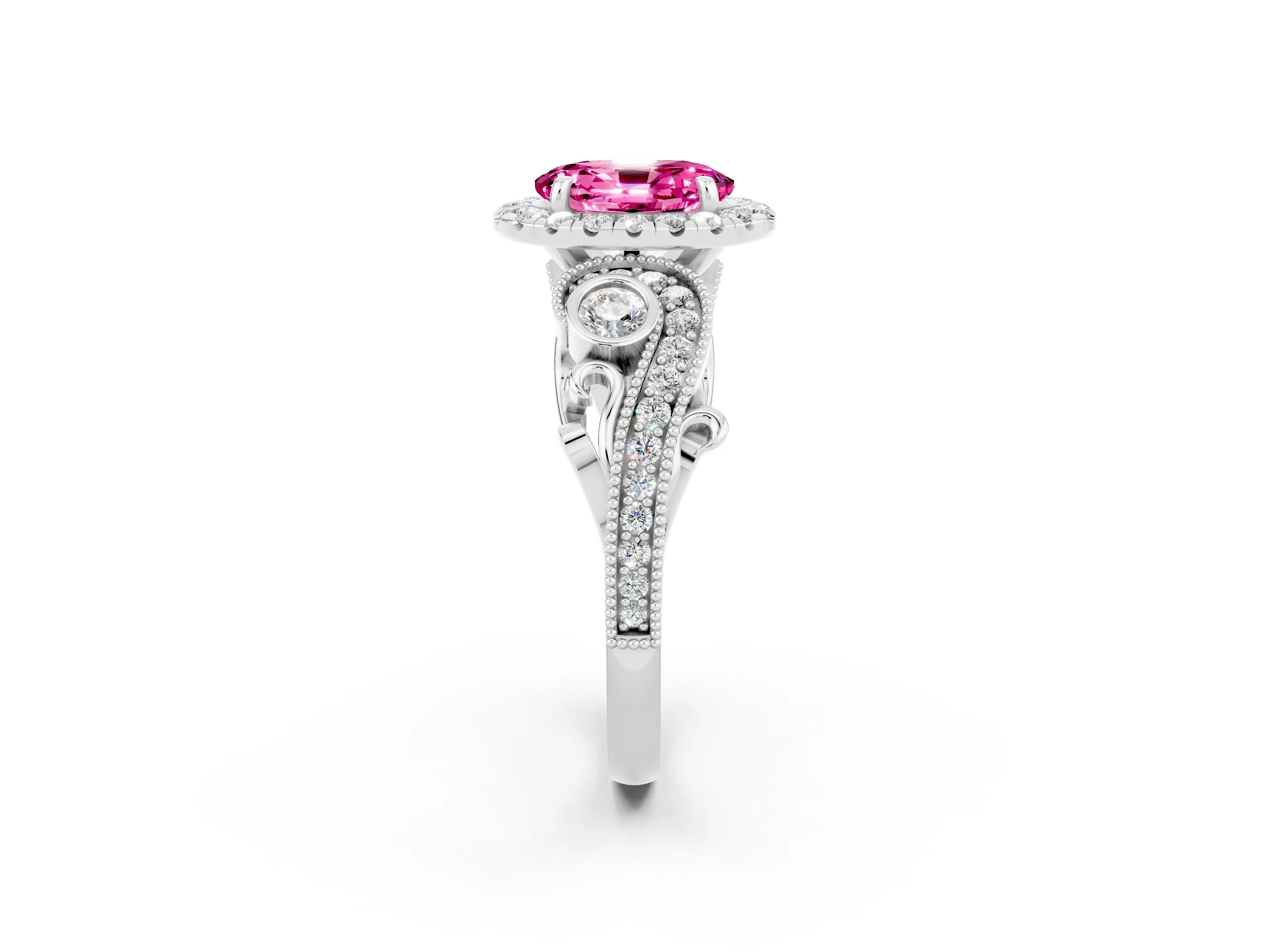 White gold Oval Cut Pink Sapphire Halo Ring with Milgrain Pavé Band and Four-Prong Setting_14