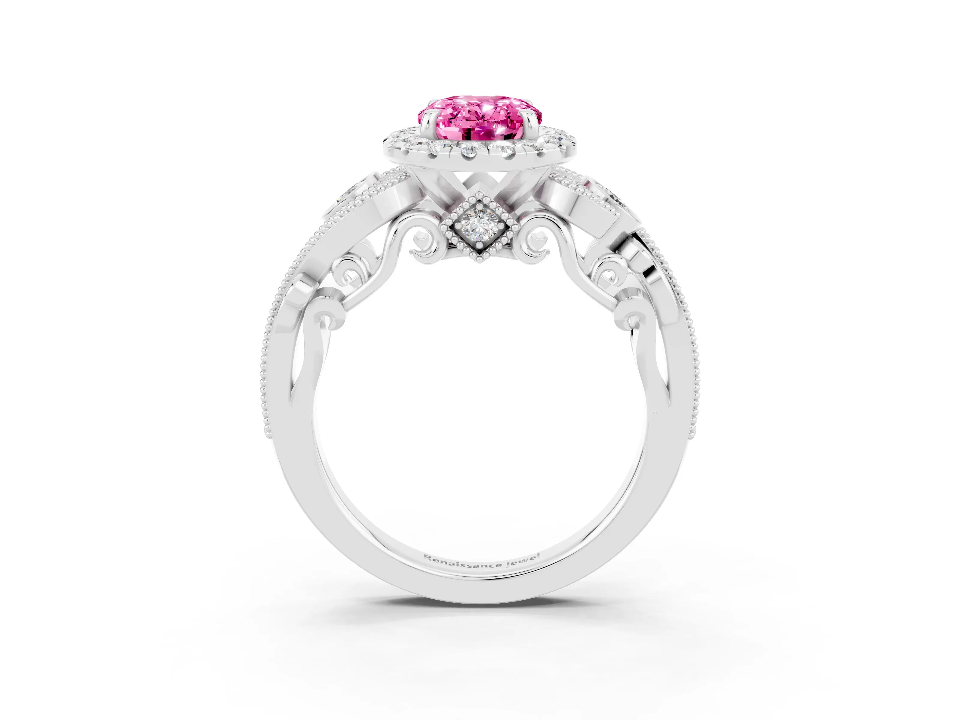 White gold Oval Cut Pink Sapphire Halo Ring with Milgrain Pavé Band and Four-Prong Setting_15