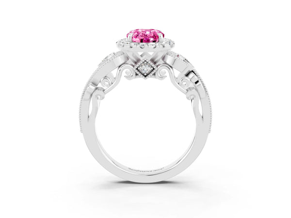 White gold Oval Cut Pink Sapphire Halo Ring with Milgrain Pavé Band and Four-Prong Setting