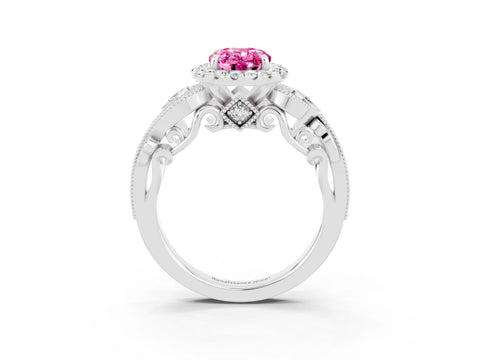 White gold Oval Cut Pink Sapphire Halo Ring with Milgrain Pavé Band and Four-Prong Setting_15