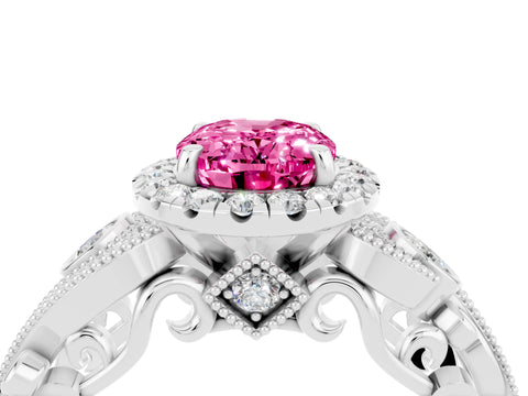 White gold Oval Cut Pink Sapphire Halo Ring with Milgrain Pavé Band and Four-Prong Setting_16