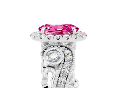 White gold Oval Cut Pink Sapphire Halo Ring with Milgrain Pavé Band and Four-Prong Setting_17